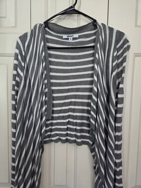 DKNY Gray and White Striped Open-Front Cardigan